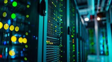 An upclose view that captures a data centers server racks beautifully illuminated by a variety of colorful lights photo