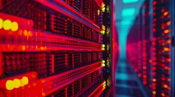 This is a detailed closeup view showcasing illuminated server racks situated in a stateoftheart data center photo