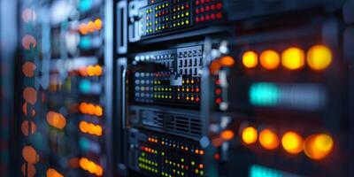 A modern server rack featuring multiple glowing LED indicators and various network hardware components photo