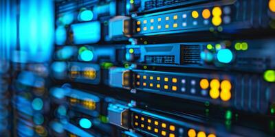 Sleek hightech servers equipped with glowing indicators are prominently displayed in a cuttingedge data center setup photo