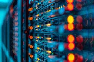 A vibrant and modern data center showcasing beautifully illuminated server racks along with advanced technology photo