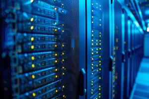 A stateoftheart modern data center showcasing illuminated server racks along with advanced innovative technology photo
