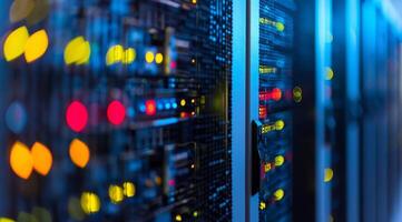 Closeup of server racks in a modern data center, featuring vibrant LED indicators highlighting the technology photo