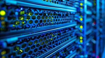 An indepth look at a hightech server rack featuring bright and vibrant LED lights along with a complex design photo