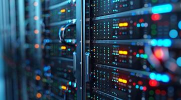Discover a stateoftheart data center equipped with cuttingedge servers and bright, vibrant LED indicators photo