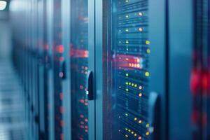 A cuttingedge modern data center featuring rows of sleek server racks illuminated by vibrant LED indicators photo