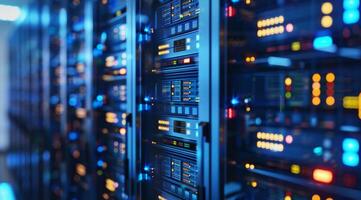 A vibrant and colorful view of a modern server rack, showcasing cuttingedge technology within a secure data center photo