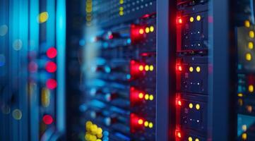 A detailed closeup view capturing the illuminated server racks and their network devices along with indicators photo