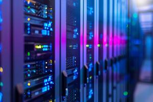 A modern data center with rows of illuminated server racks, highlighting advanced digital technology photo