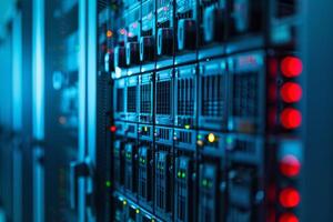 An illuminated server rack that highlights advanced cuttingedge technology within a modern data center environment photo