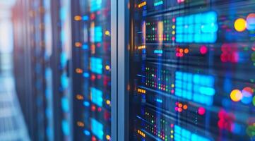 A closeup view of servers in a data center, highlighting intricate details and vibrant LED indicators photo