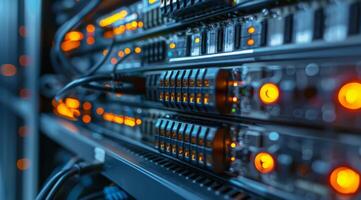 A detailed closeup view of a server rack that showcases numerous connections and glowing indicators that illuminate it photo