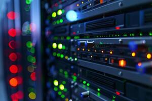 An illuminated server rack displays various data connections set in a dynamic and evolving digital environment photo