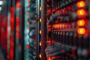 A detailed closeup view of a server rack with red lights emanating and neatly organized network cables inside photo