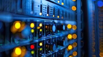 Illuminated server racks prominently displayed in a data center, effectively showcasing advanced networking technology photo