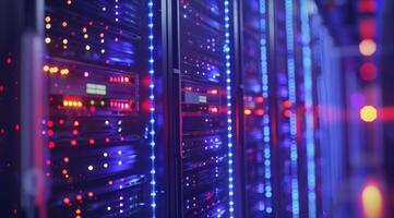 A vibrant and colorful view showcases server racks in a modern data center, illuminated by bright LED lights photo