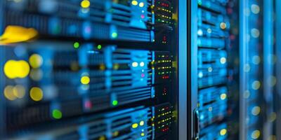 A visually stunning illuminated server rack that showcases advanced and modern data storage technology solutions photo