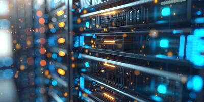A data center rack is proudly displaying cuttingedge server technology equipped with vibrant LED indicators photo