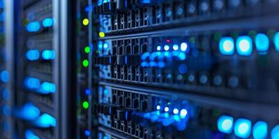 A close-up view of server racks in a modern data center, showcasing glowing blue lights and technology. photo