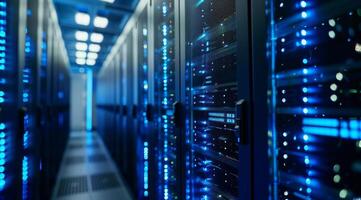A hightech data center that showcases illuminated server racks alongside modern technological infrastructure photo