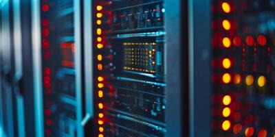 This text provides a detailed view of servers with bright, glowing lights within a contemporary data center environment photo