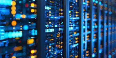 A sleek, modern data center showcasing advanced server racks that are illuminated with vibrant, dynamic lights photo