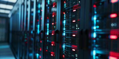 A contemporary and modern data center that showcases numerous server racks adorned with vibrant LED indicators photo