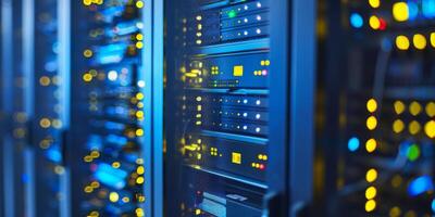 Illuminated server racks display cuttingedge technology within a contemporary, stateoftheart data center photo