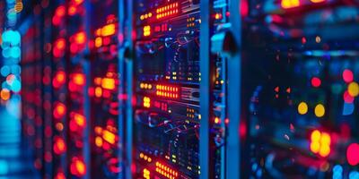 An impressive and vibrant data center that features illuminated servers alongside cuttingedge networking technology photo
