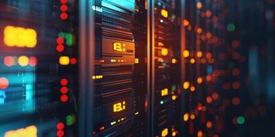 A vibrant and modern data center that showcases numerous servers equipped with colorful LED indicators photo