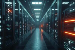 Discover a cuttingedge, modern data center featuring sleek server racks complemented by vibrant ambient lighting photo