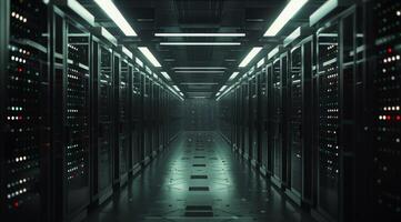 A contemporary data center corridor filled with sleek, hightech server racks and subtle ambient lighting photo