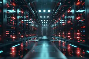 A contemporary server room displaying numerous rows of servers, each adorned with dynamic and vibrant LED lights photo