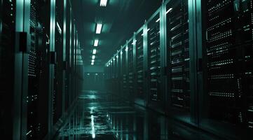 An advanced modern data center featuring numerous server racks that are beautifully illuminated by ambient lighting photo