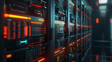 A contemporary data center showcasing illuminated server racks along with cuttingedge technology advancements photo