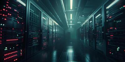A contemporary data center corridor showcasing illuminated server racks within a hightech environment photo