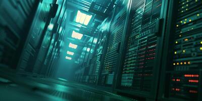 A sleek and modern data center that beautifully showcases hightech server racks and vibrant, dynamic lighting photo