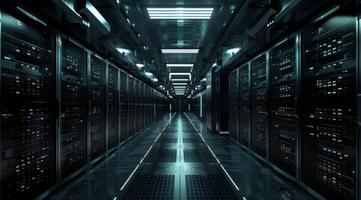 A sleek and modern server room that showcases advanced technology along with organized data storage solutions photo