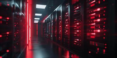 A sleek and modern data center showcases illuminated servers along with a striking and vibrant red aesthetic photo