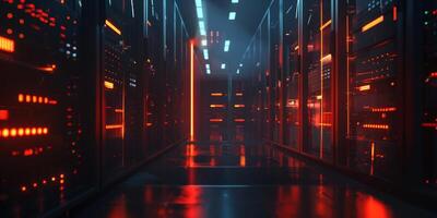 This cuttingedge, hightech data center showcases beautifully illuminated server racks and a sleek, modern atmosphere photo