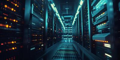 A hightech cuttingedge data center filled with numerous server racks, illuminated by dynamic blue and orange lights photo
