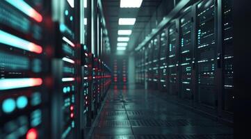 A sleek, wellilluminated hallway showcasing numerous hightech server racks within a advanced data center facility photo