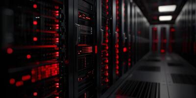 A sleek and modern data center that features illuminated server racks placed strategically in a dimly lit corridor photo