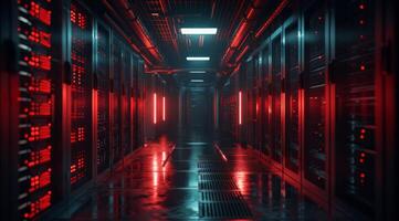 A sleek data center illuminated by red lights, showcasing advanced server technology in a dim environment. photo