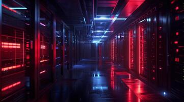 A sleek, modern data center that is dramatically illuminated with vibrant red and blue lighting effects photo