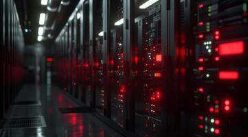 A contemporary data center corridor, brightly illuminated by striking red lights, showcasing advanced server technology photo