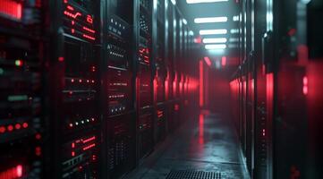Discover a cuttingedge, futuristic data center, bathed in striking red lighting and featuring a sleek design photo