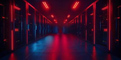 A modern data center illuminated with red and blue lights, showcasing technology and infrastructure. photo