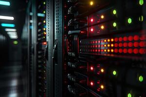 This cuttingedge, modern data center boasts server racks that come equipped with vibrant and colorful LED indicators photo