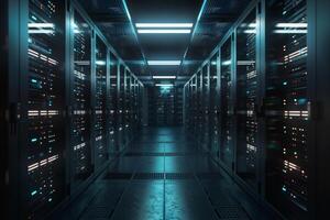 A cuttingedge, modern data center showcasing stylish illuminated server racks along with a hightech ambiance photo